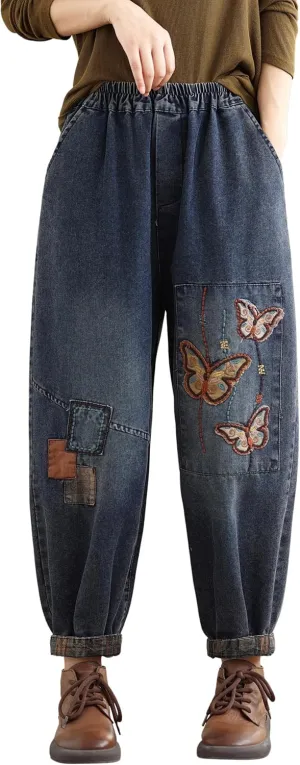 LAI MENG FIVE CATS Women Casual Jeans Denim Loose Pants Elastic Waist with Pocket