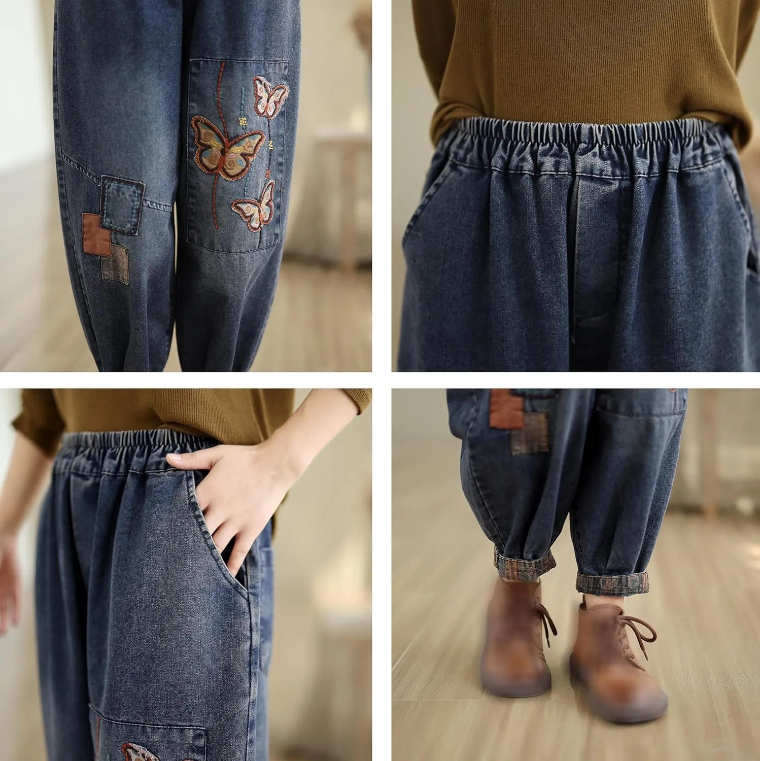 LAI MENG FIVE CATS Women Casual Jeans Denim Loose Pants Elastic Waist with Pocket