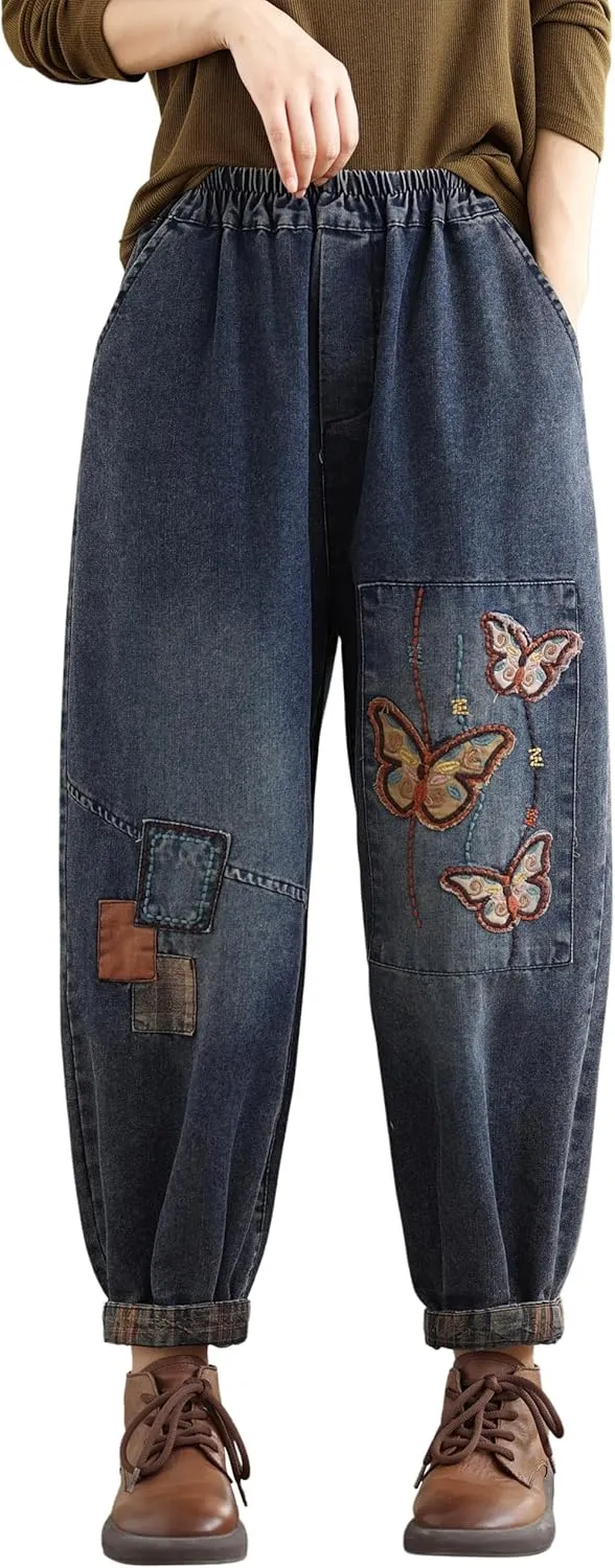 LAI MENG FIVE CATS Women Casual Jeans Denim Loose Pants Elastic Waist with Pocket