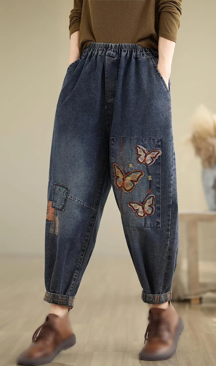 LAI MENG FIVE CATS Women Casual Jeans Denim Loose Pants Elastic Waist with Pocket