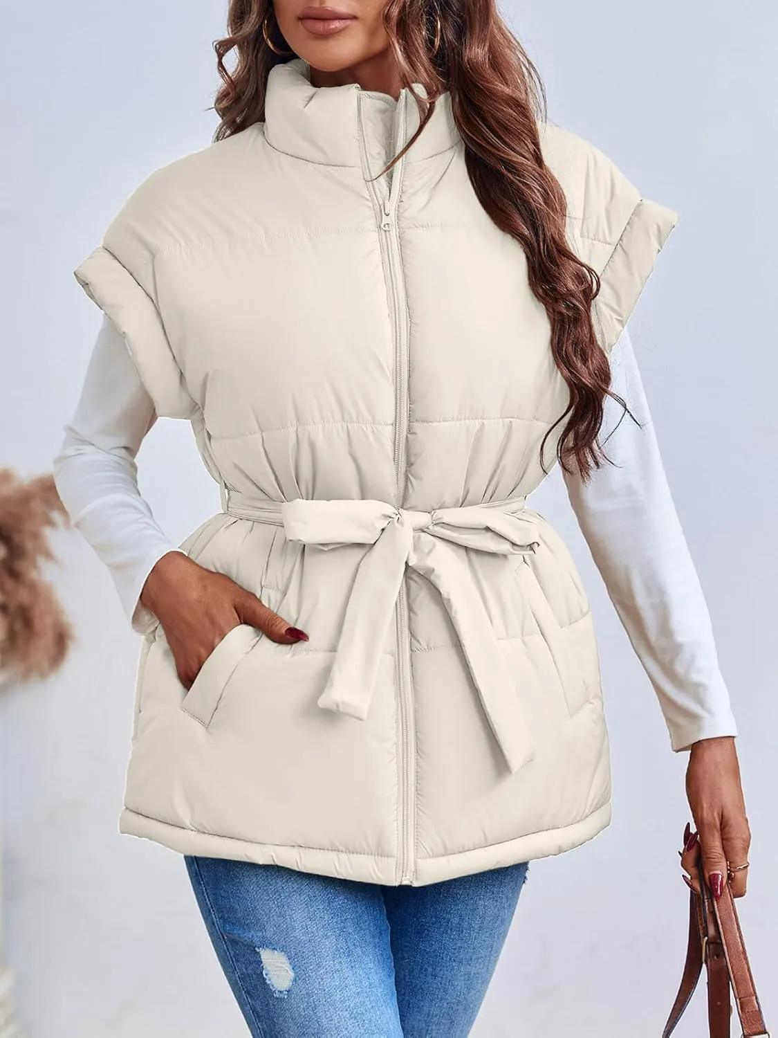 Langwyqu Women Oversized Puffer Vests Sleeveless Stand Collar Zipper Puffy Jackets with Belt