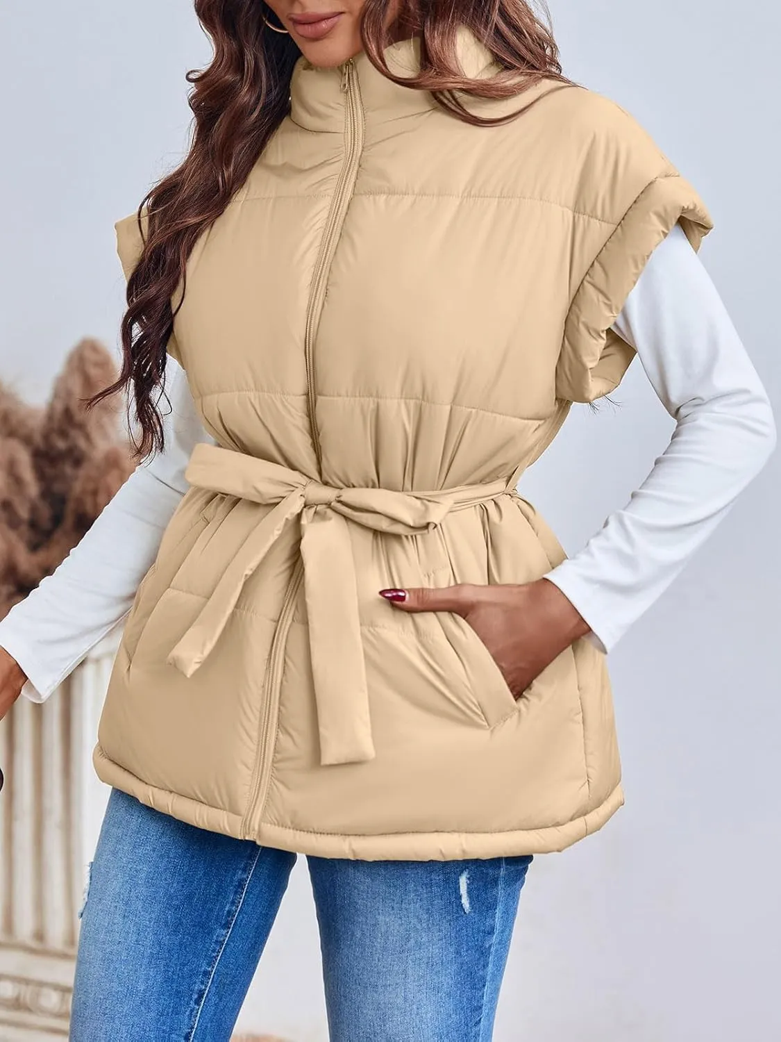 Langwyqu Women Oversized Puffer Vests Sleeveless Stand Collar Zipper Puffy Jackets with Belt