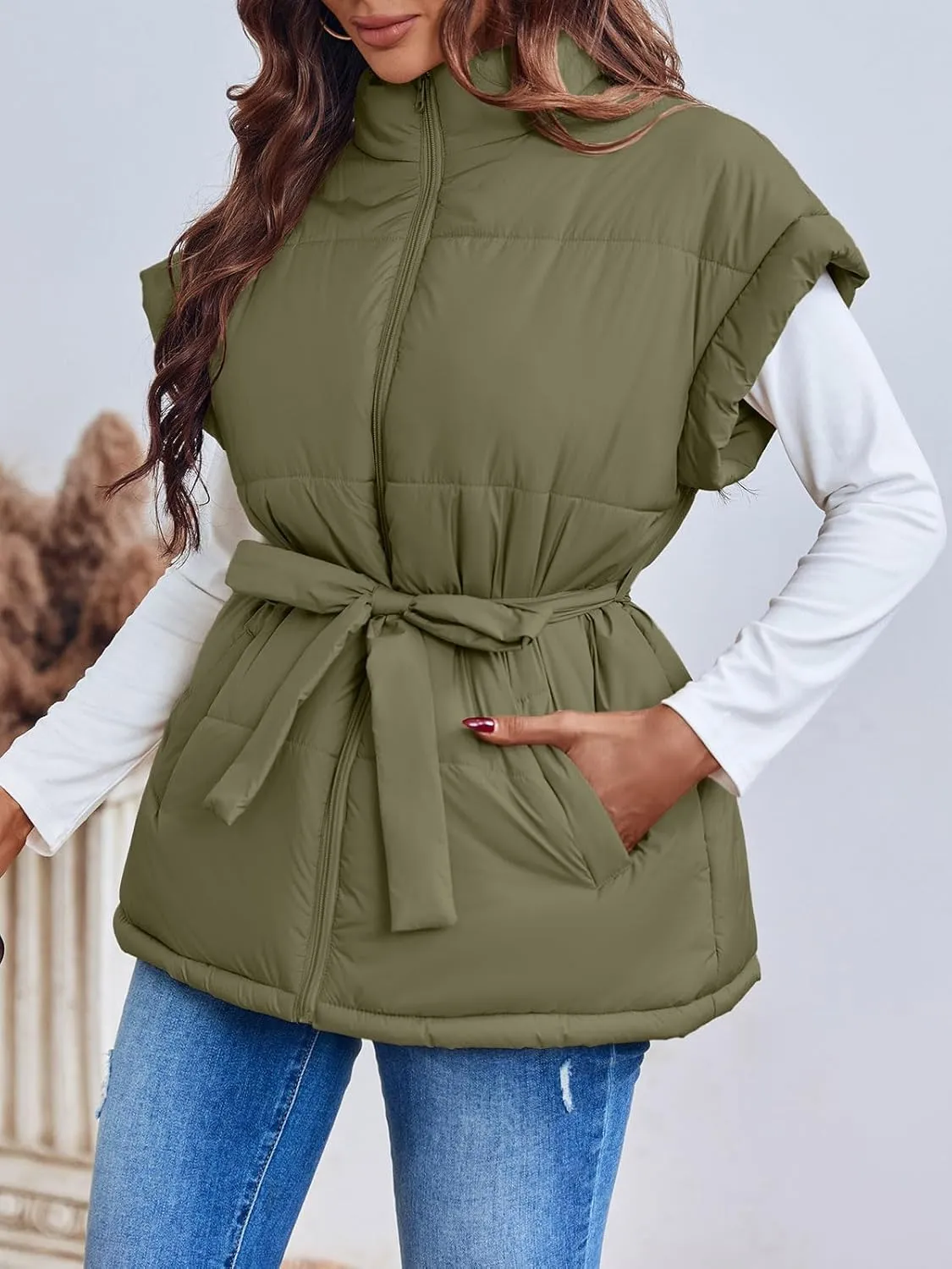 Langwyqu Women Oversized Puffer Vests Sleeveless Stand Collar Zipper Puffy Jackets with Belt