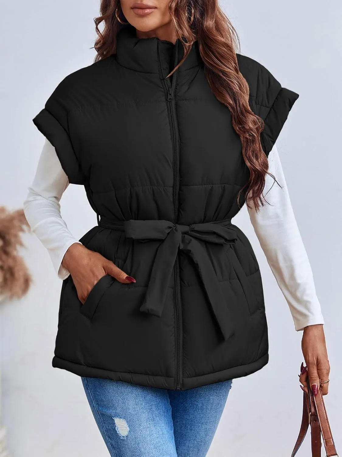 Langwyqu Women Oversized Puffer Vests Sleeveless Stand Collar Zipper Puffy Jackets with Belt