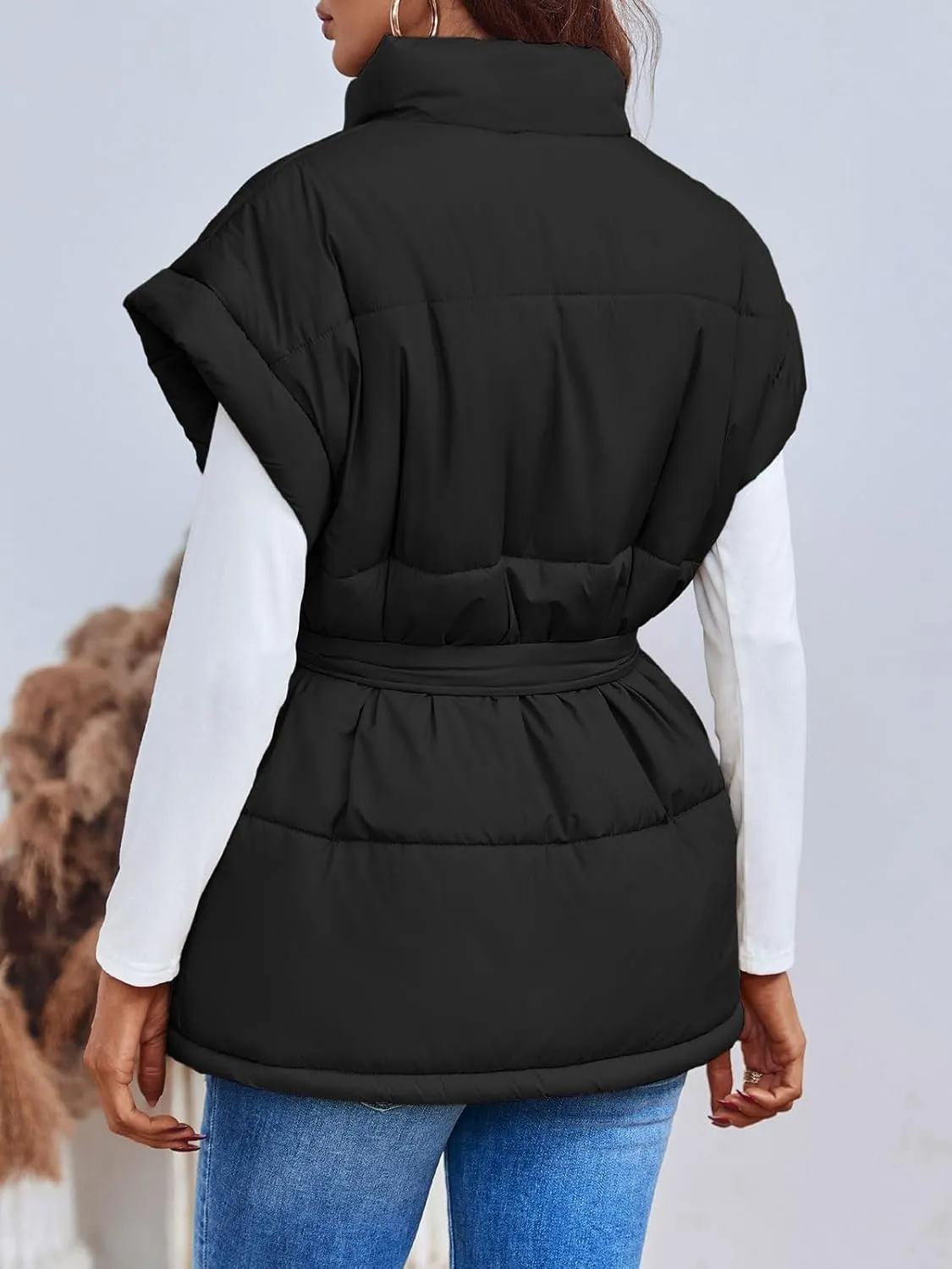 Langwyqu Women Oversized Puffer Vests Sleeveless Stand Collar Zipper Puffy Jackets with Belt