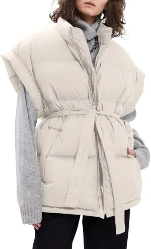 Langwyqu Women Oversized Puffer Vests Sleeveless Stand Collar Zipper Puffy Jackets with Belt