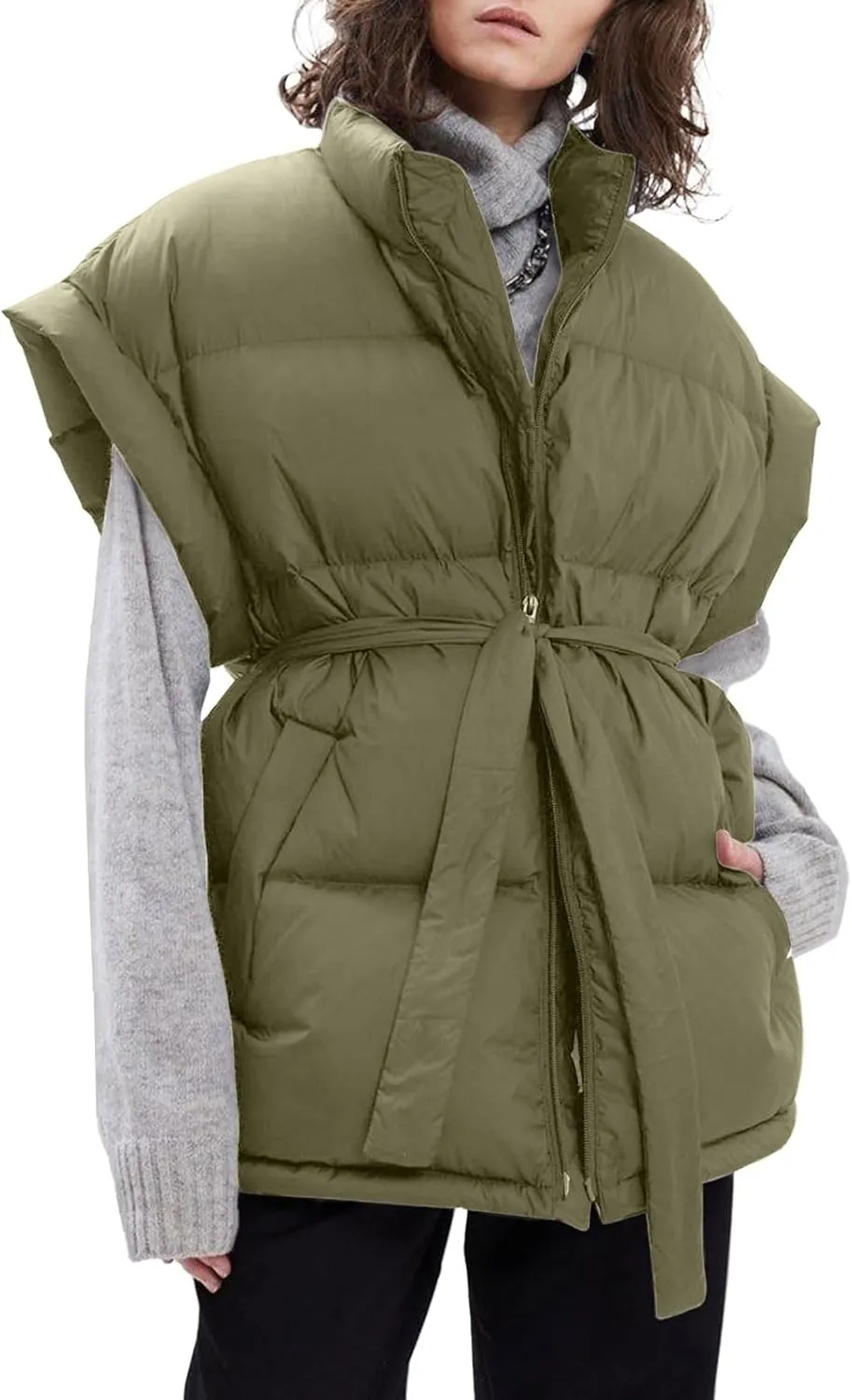 Langwyqu Women Oversized Puffer Vests Sleeveless Stand Collar Zipper Puffy Jackets with Belt