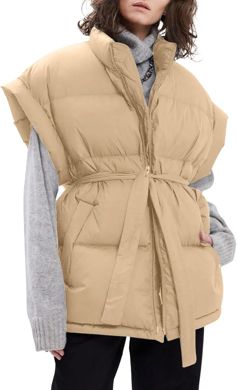 Langwyqu Women Oversized Puffer Vests Sleeveless Stand Collar Zipper Puffy Jackets with Belt