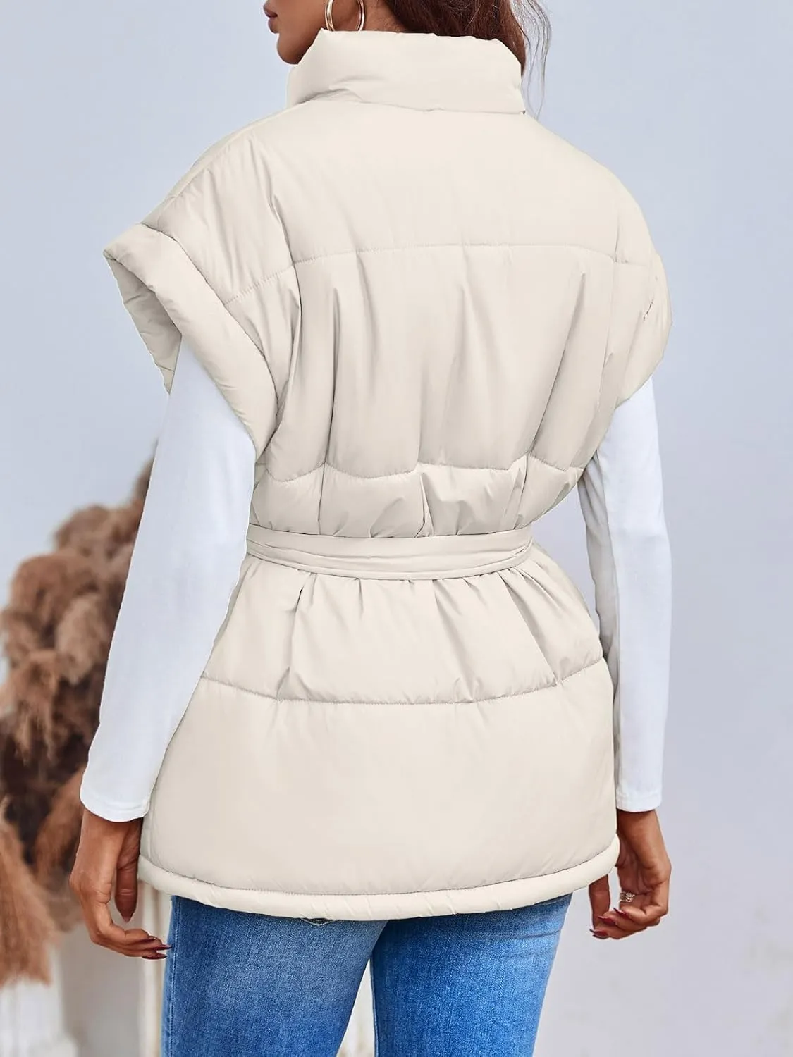 Langwyqu Women Oversized Puffer Vests Sleeveless Stand Collar Zipper Puffy Jackets with Belt