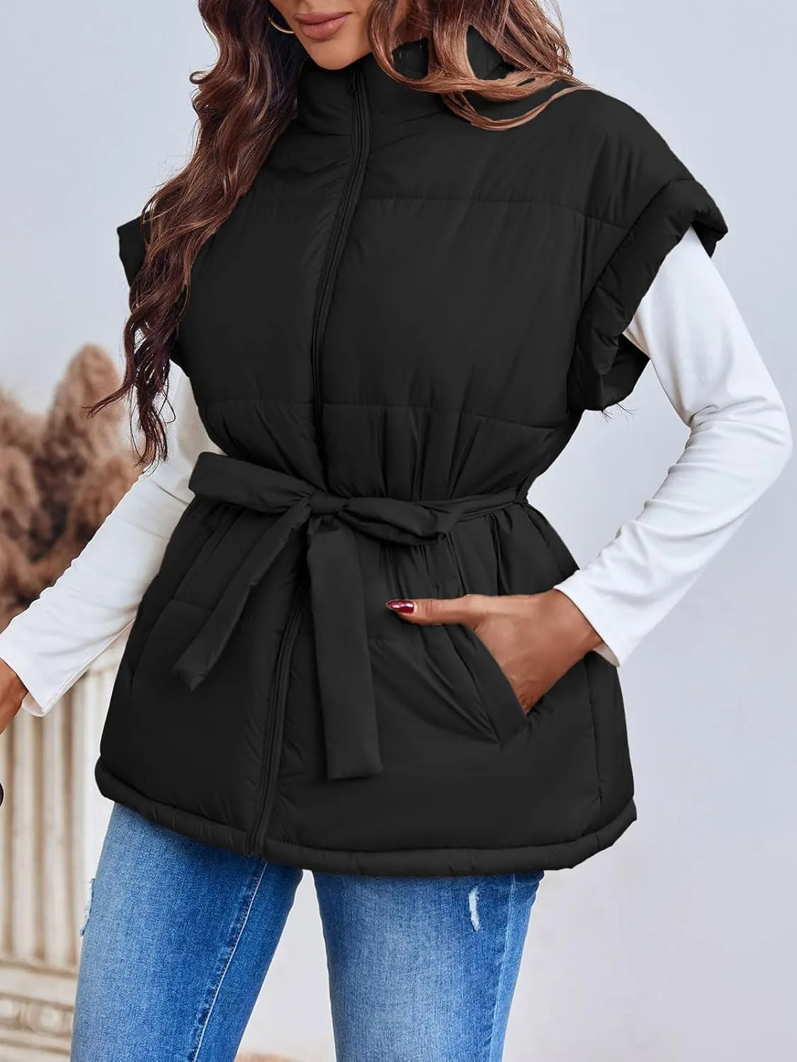 Langwyqu Women Oversized Puffer Vests Sleeveless Stand Collar Zipper Puffy Jackets with Belt