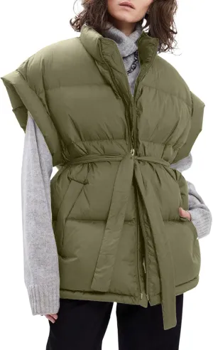 Langwyqu Women Oversized Puffer Vests Sleeveless Stand Collar Zipper Puffy Jackets with Belt
