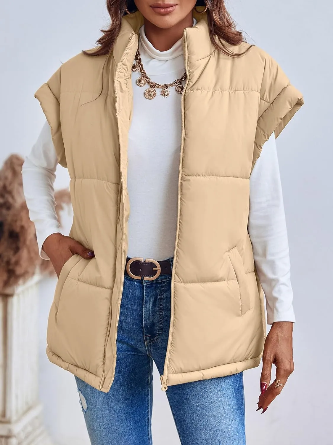 Langwyqu Women Oversized Puffer Vests Sleeveless Stand Collar Zipper Puffy Jackets with Belt