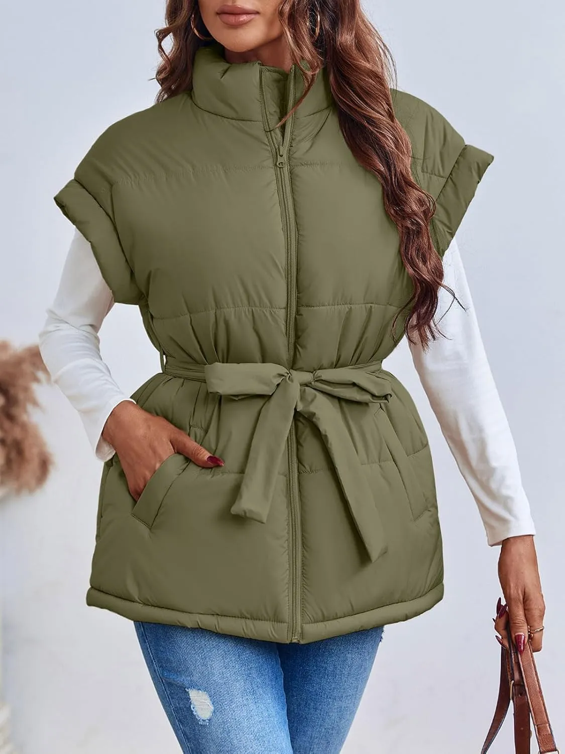 Langwyqu Women Oversized Puffer Vests Sleeveless Stand Collar Zipper Puffy Jackets with Belt