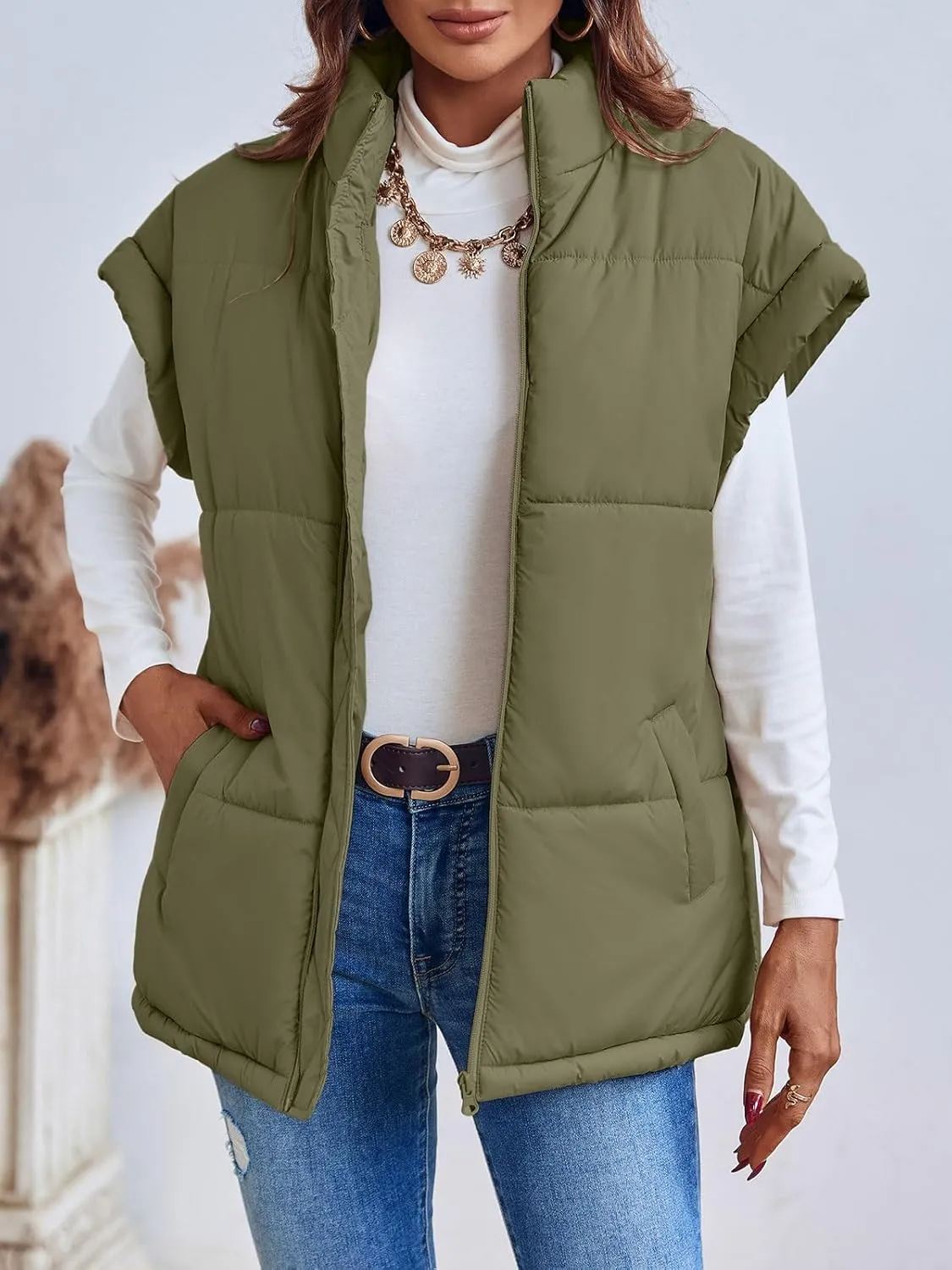Langwyqu Women Oversized Puffer Vests Sleeveless Stand Collar Zipper Puffy Jackets with Belt
