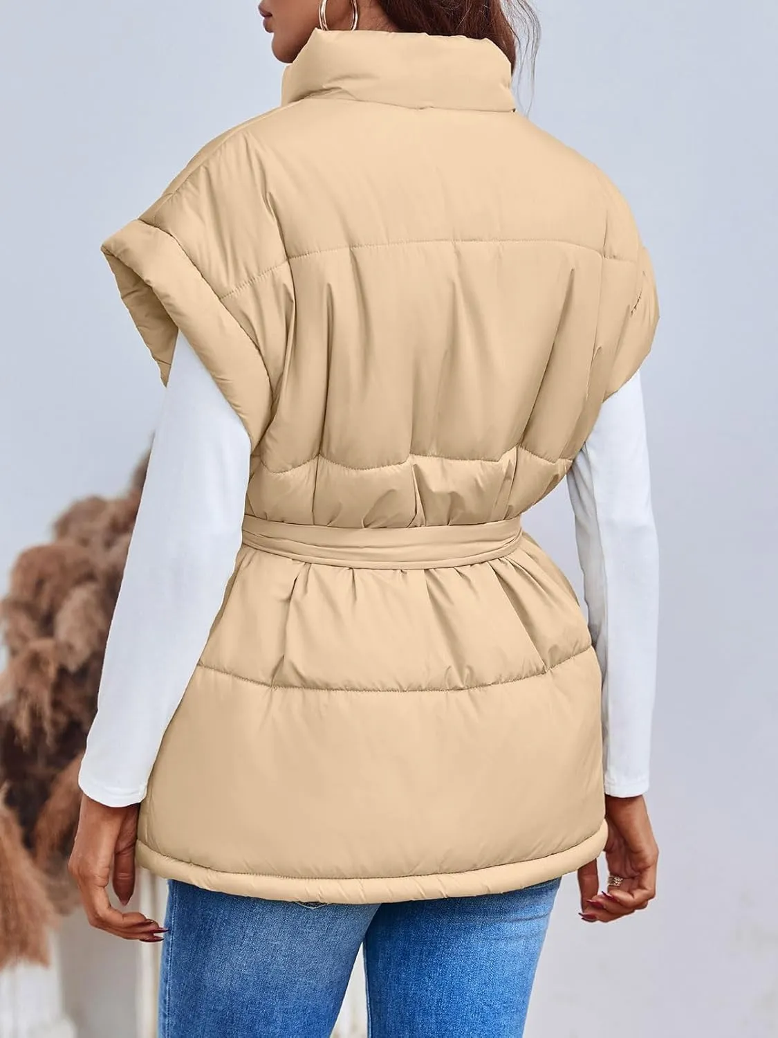 Langwyqu Women Oversized Puffer Vests Sleeveless Stand Collar Zipper Puffy Jackets with Belt