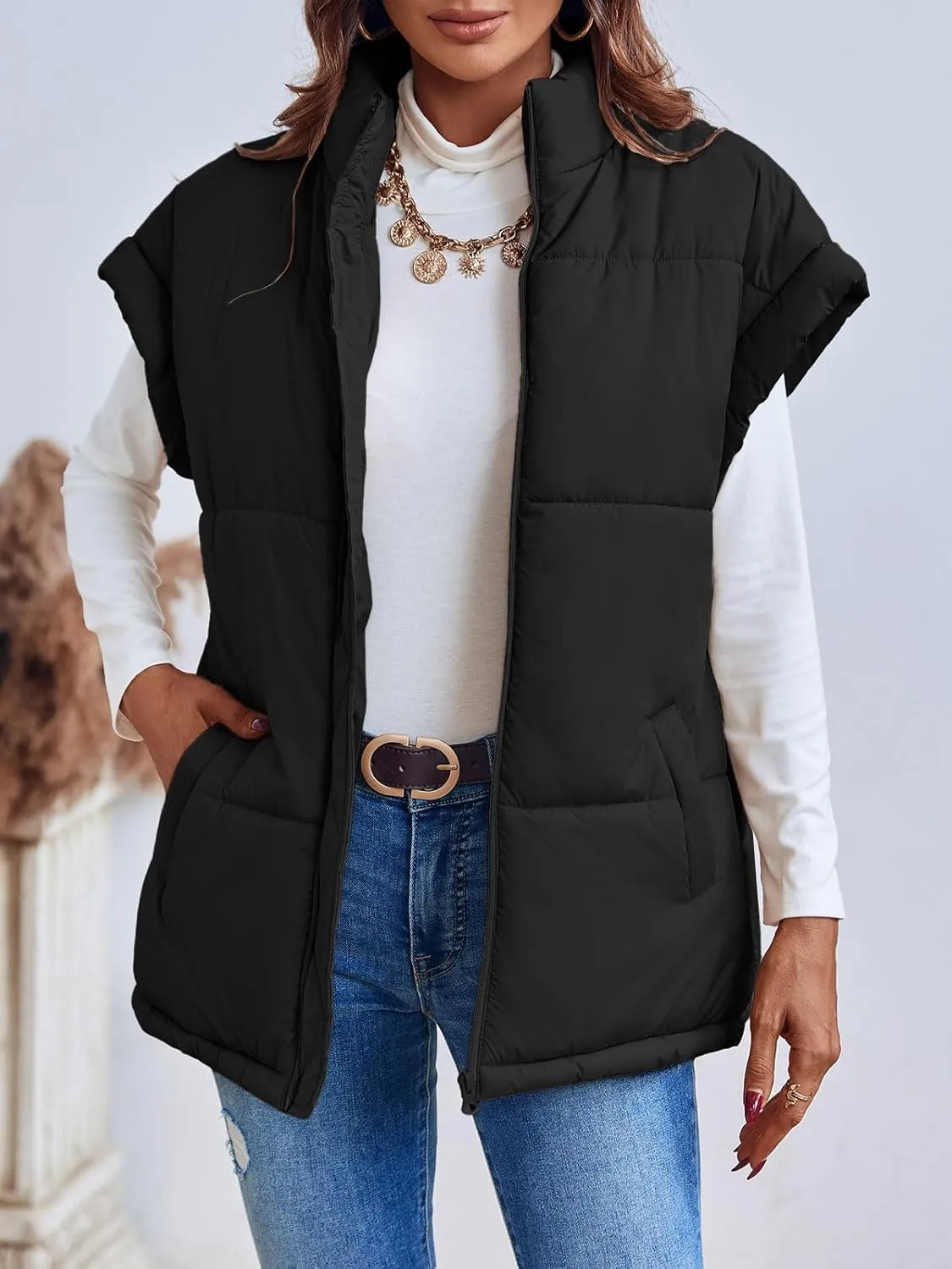 Langwyqu Women Oversized Puffer Vests Sleeveless Stand Collar Zipper Puffy Jackets with Belt