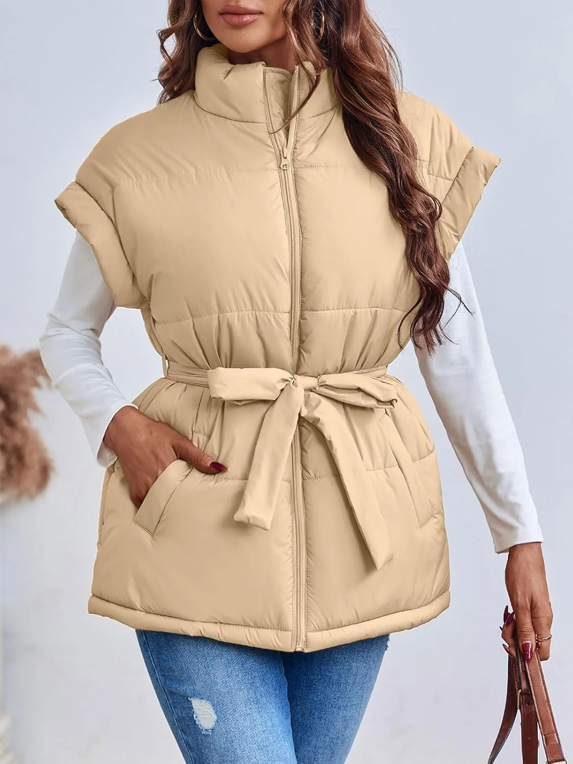 Langwyqu Women Oversized Puffer Vests Sleeveless Stand Collar Zipper Puffy Jackets with Belt