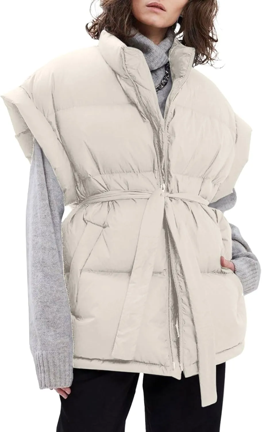 Langwyqu Women Oversized Puffer Vests Sleeveless Stand Collar Zipper Puffy Jackets with Belt
