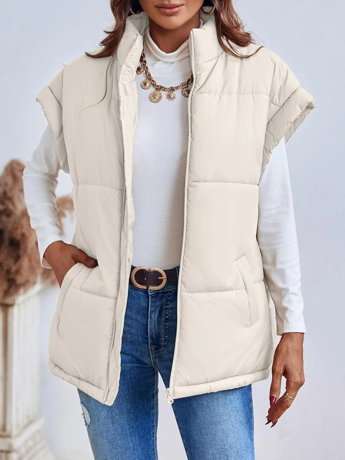 Langwyqu Women Oversized Puffer Vests Sleeveless Stand Collar Zipper Puffy Jackets with Belt
