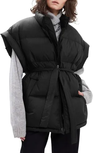 Langwyqu Women Oversized Puffer Vests Sleeveless Stand Collar Zipper Puffy Jackets with Belt