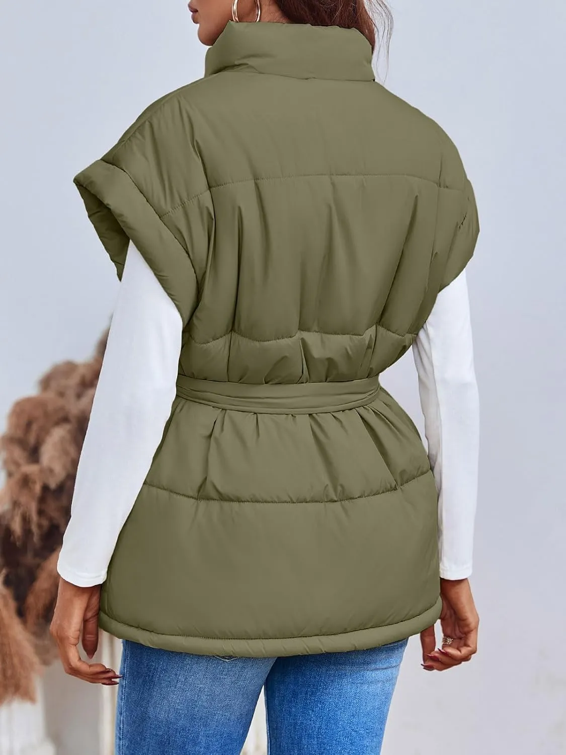 Langwyqu Women Oversized Puffer Vests Sleeveless Stand Collar Zipper Puffy Jackets with Belt