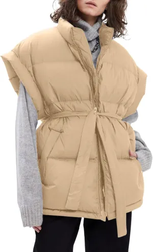 Langwyqu Women Oversized Puffer Vests Sleeveless Stand Collar Zipper Puffy Jackets with Belt