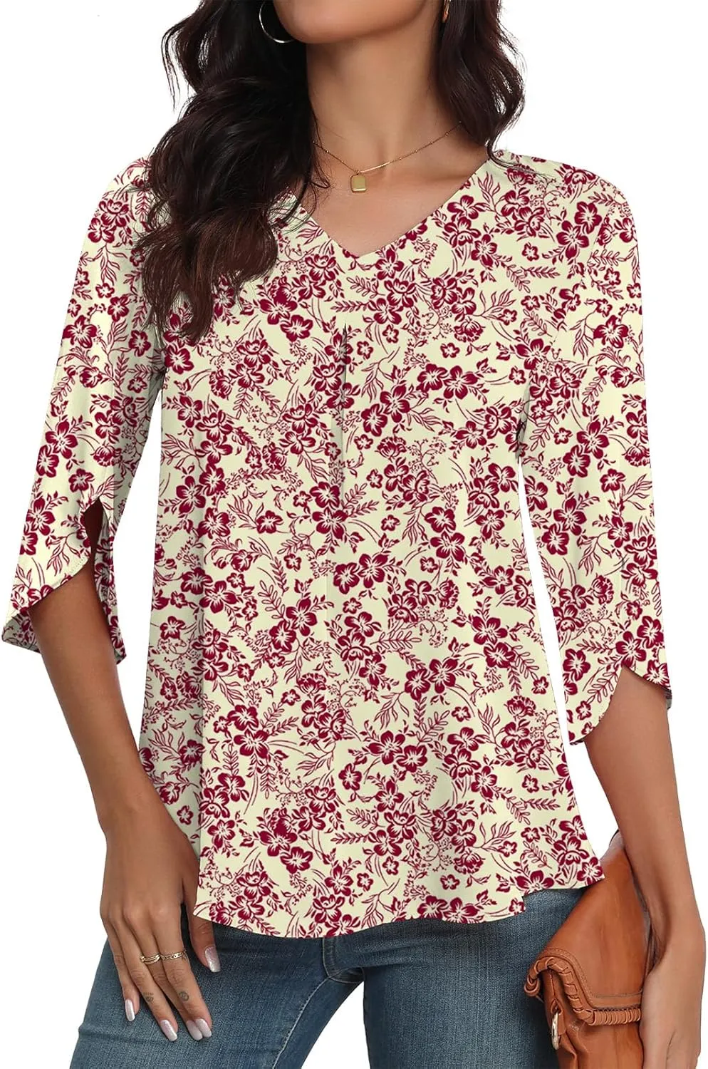 LAOLASI Womens Summer Chiffon Blouses 3/4 Sleeve V Neck Casual Loose Work Tops for Leggings 2025 Flowy Dressy Tshirts