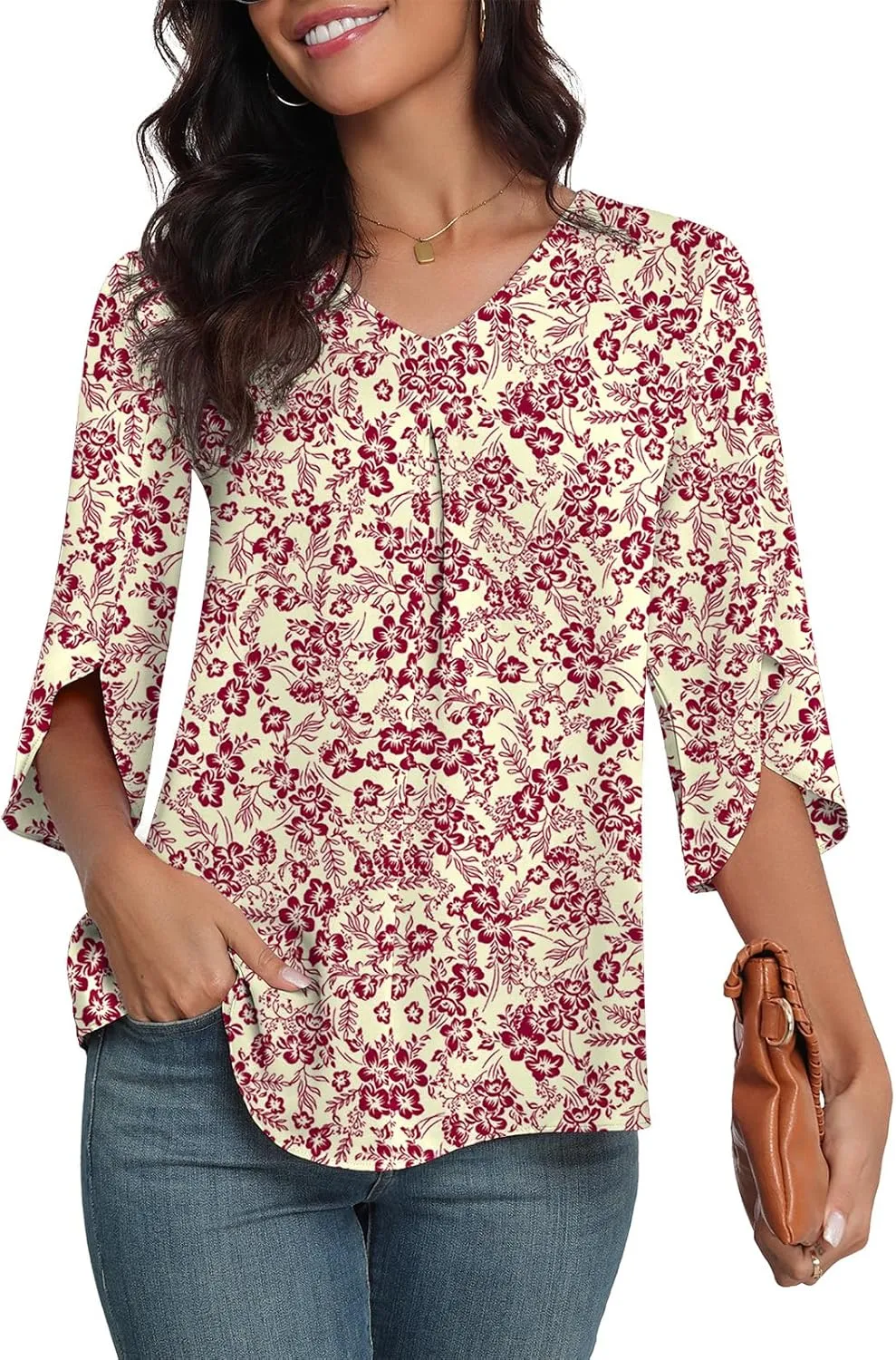 LAOLASI Womens Summer Chiffon Blouses 3/4 Sleeve V Neck Casual Loose Work Tops for Leggings 2025 Flowy Dressy Tshirts