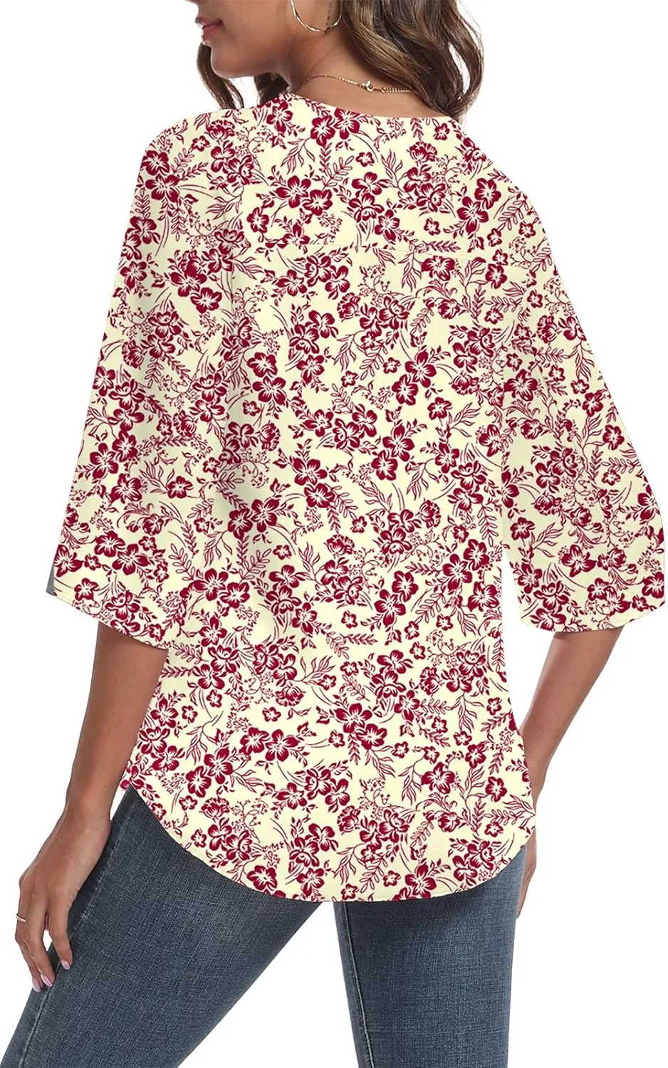 LAOLASI Womens Summer Chiffon Blouses 3/4 Sleeve V Neck Casual Loose Work Tops for Leggings 2025 Flowy Dressy Tshirts
