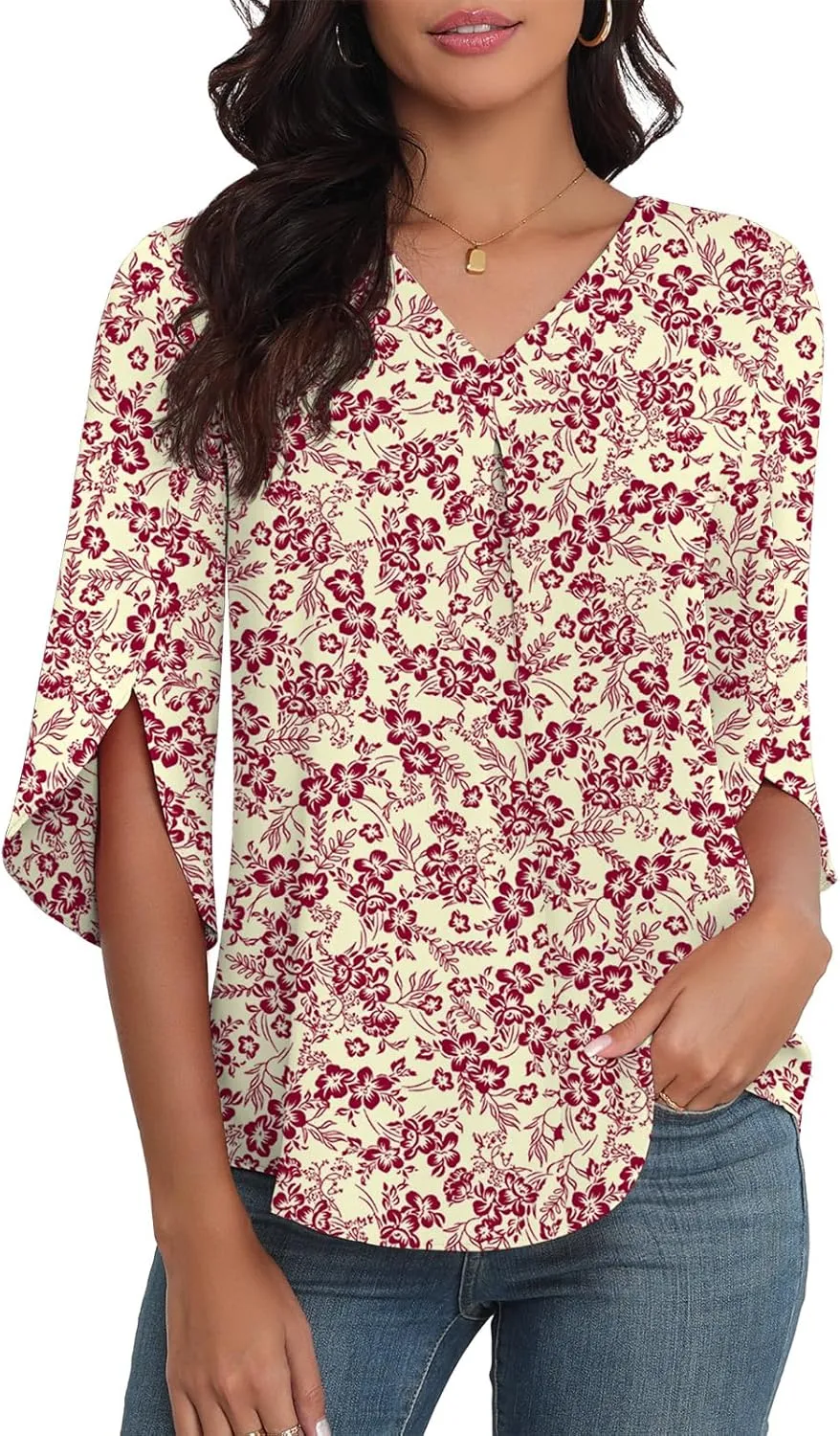 LAOLASI Womens Summer Chiffon Blouses 3/4 Sleeve V Neck Casual Loose Work Tops for Leggings 2025 Flowy Dressy Tshirts