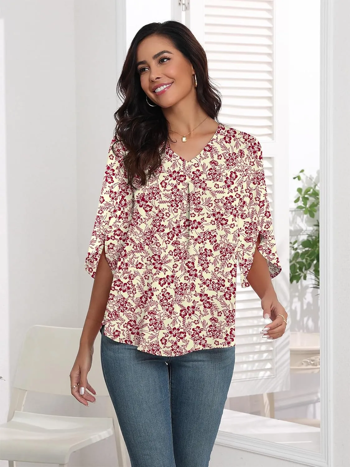 LAOLASI Womens Summer Chiffon Blouses 3/4 Sleeve V Neck Casual Loose Work Tops for Leggings 2025 Flowy Dressy Tshirts