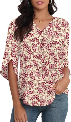 LAOLASI Womens Summer Chiffon Blouses 3/4 Sleeve V Neck Casual Loose Work Tops for Leggings 2025 Flowy Dressy Tshirts