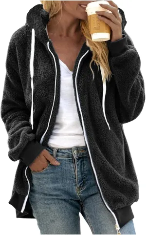 LCMTWX Womens Winter Fuzzy Fleece Jacket Color Artificial Wool Zipper Drawstring Long-Sleeved Hoodie Sweater Coats for De