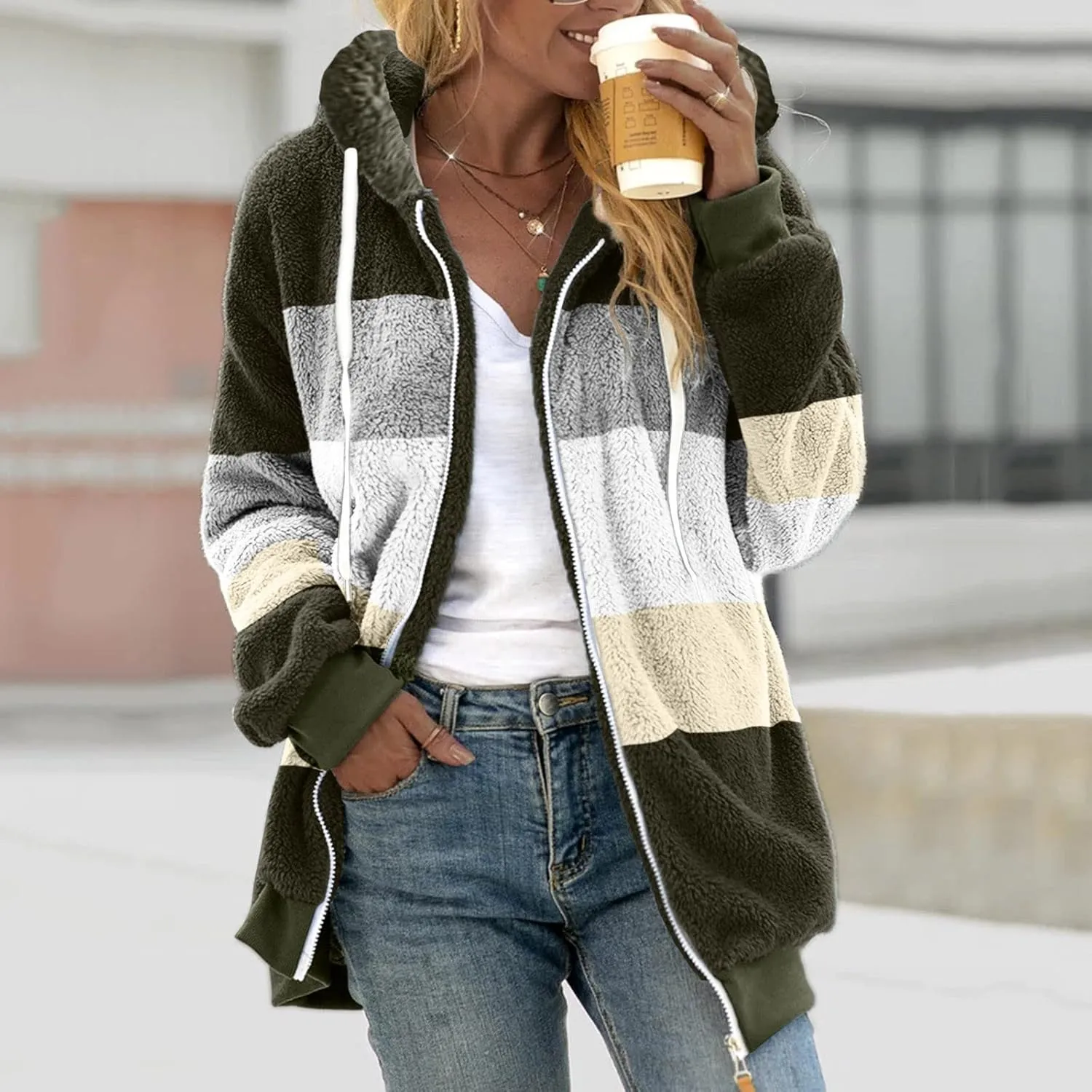 LCMTWX Womens Winter Fuzzy Fleece Jacket Color Artificial Wool Zipper Drawstring Long-Sleeved Hoodie Sweater Coats for De