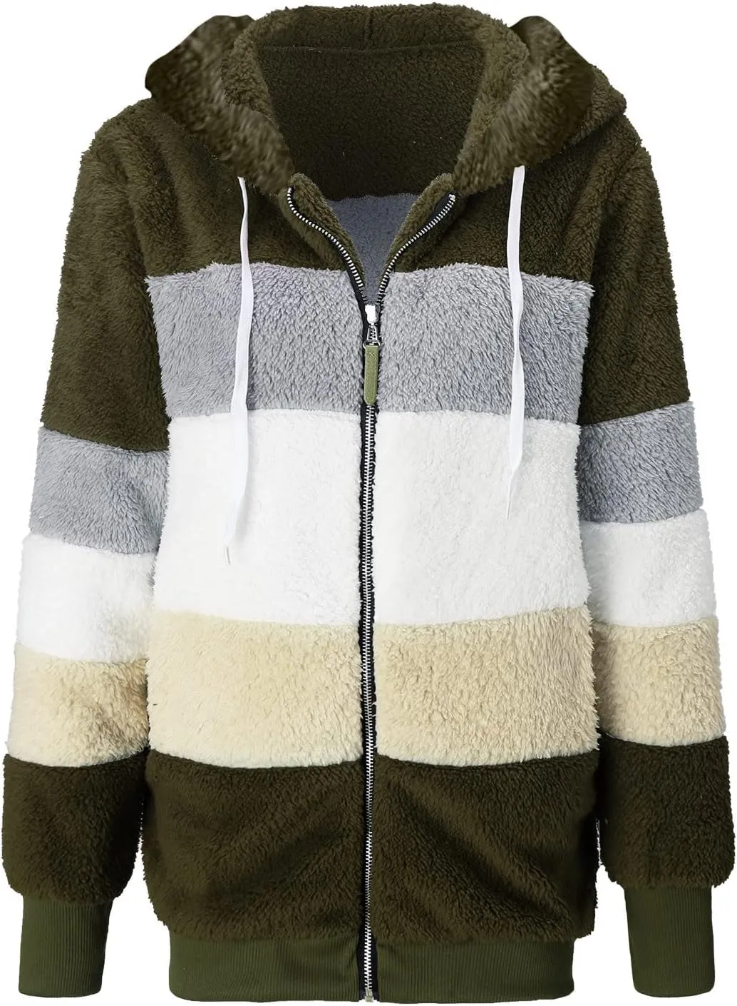 LCMTWX Womens Winter Fuzzy Fleece Jacket Color Artificial Wool Zipper Drawstring Long-Sleeved Hoodie Sweater Coats for De
