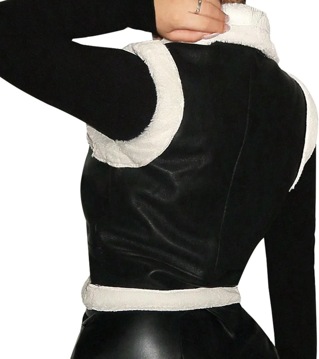 Leather Jacket Women Faux Fur Zipper Winter Biker Sleeveless Coat Open Front Cropped Vest