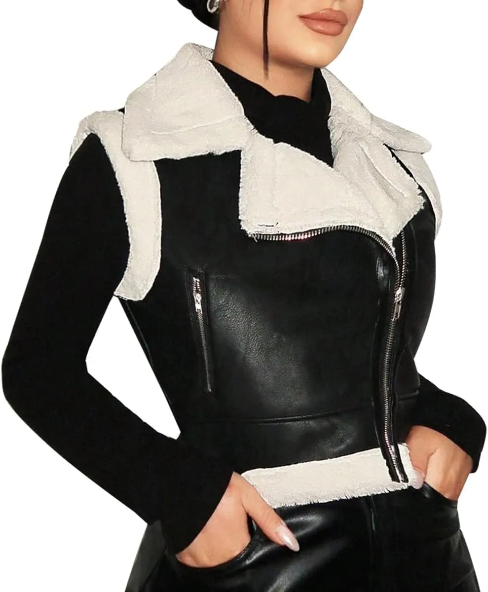 Leather Jacket Women Faux Fur Zipper Winter Biker Sleeveless Coat Open Front Cropped Vest