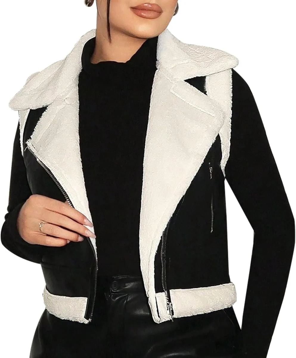 Leather Jacket Women Faux Fur Zipper Winter Biker Sleeveless Coat Open Front Cropped Vest