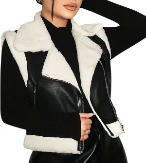 Leather Jacket Women Faux Fur Zipper Winter Biker Sleeveless Coat Open Front Cropped Vest