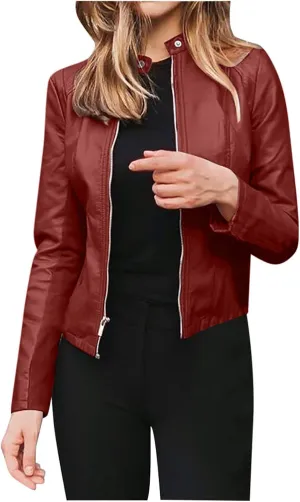 Leather Jacket Women Sexy Motorcycle Zip up Jackets Red Trench Coat Cropped Quilted Fall Winter Warm Coats