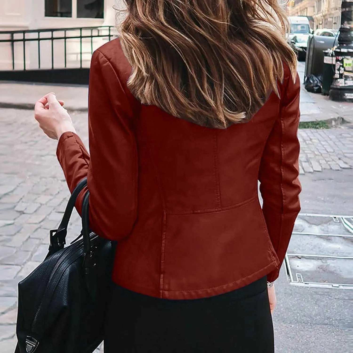 Leather Jacket Women Sexy Motorcycle Zip up Jackets Red Trench Coat Cropped Quilted Fall Winter Warm Coats