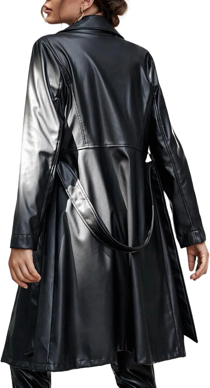 Leather Jacket Women Trench Coat Long Loose Button Jacket Open Front Motorcycle Coat with Belt