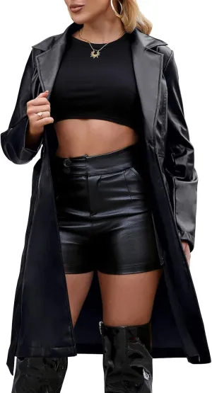Leather Jacket Women Trench Coat Long Loose Button Jacket Open Front Motorcycle Coat with Belt