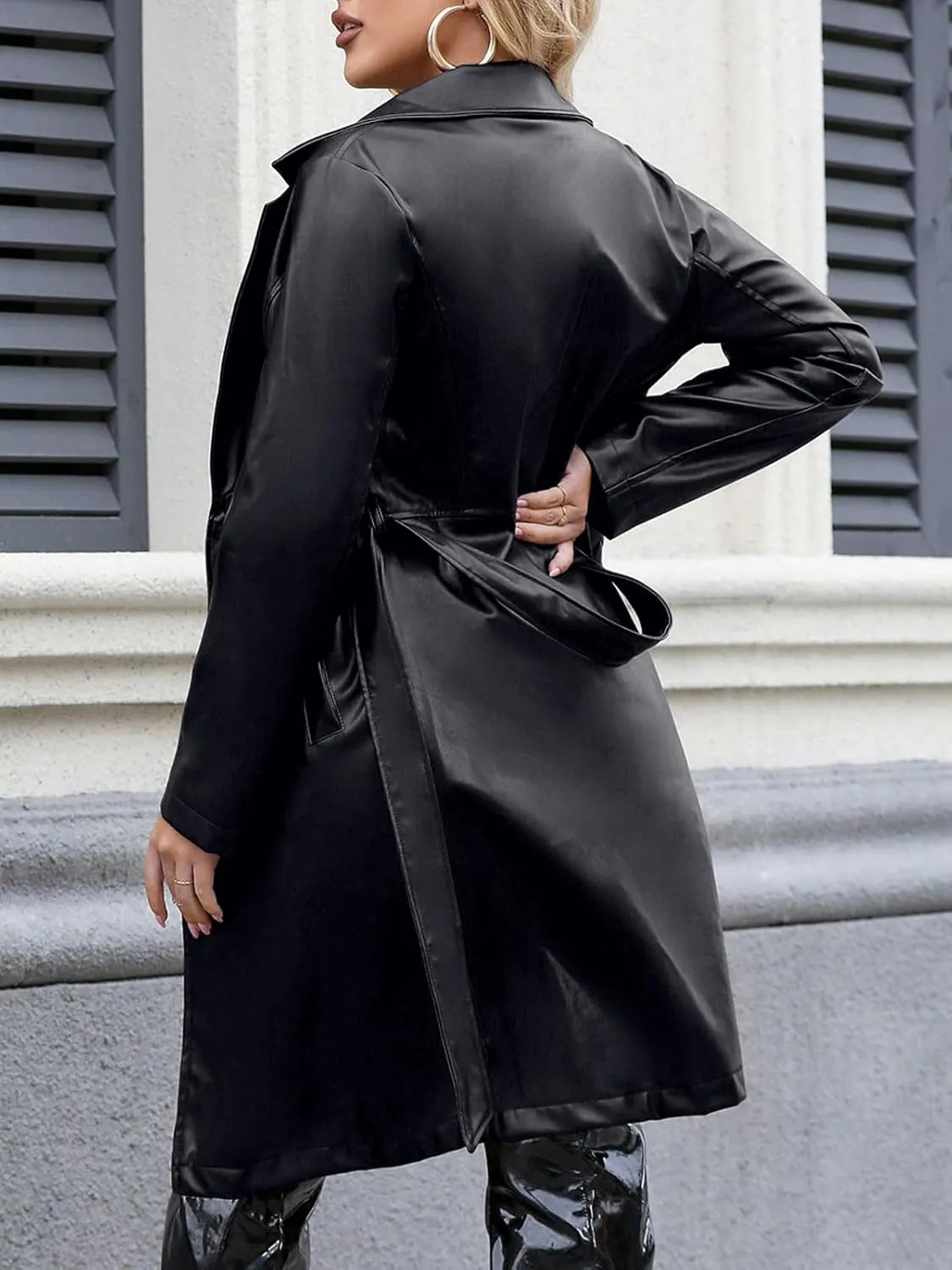 Leather Jacket Women Trench Coat Long Loose Button Jacket Open Front Motorcycle Coat with Belt