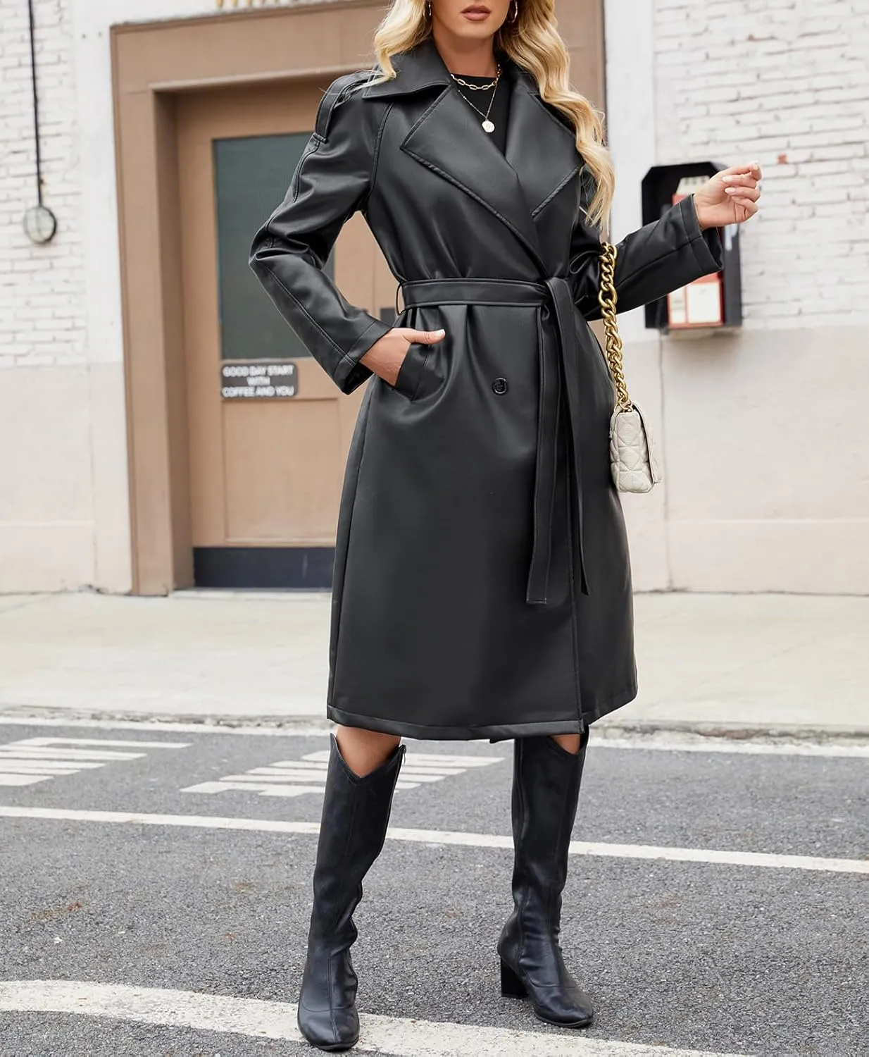 Leather Jacket Women Trench Coat Long Loose Button Lined Jacket Open Front Faux Motorcycle Coat with Belt