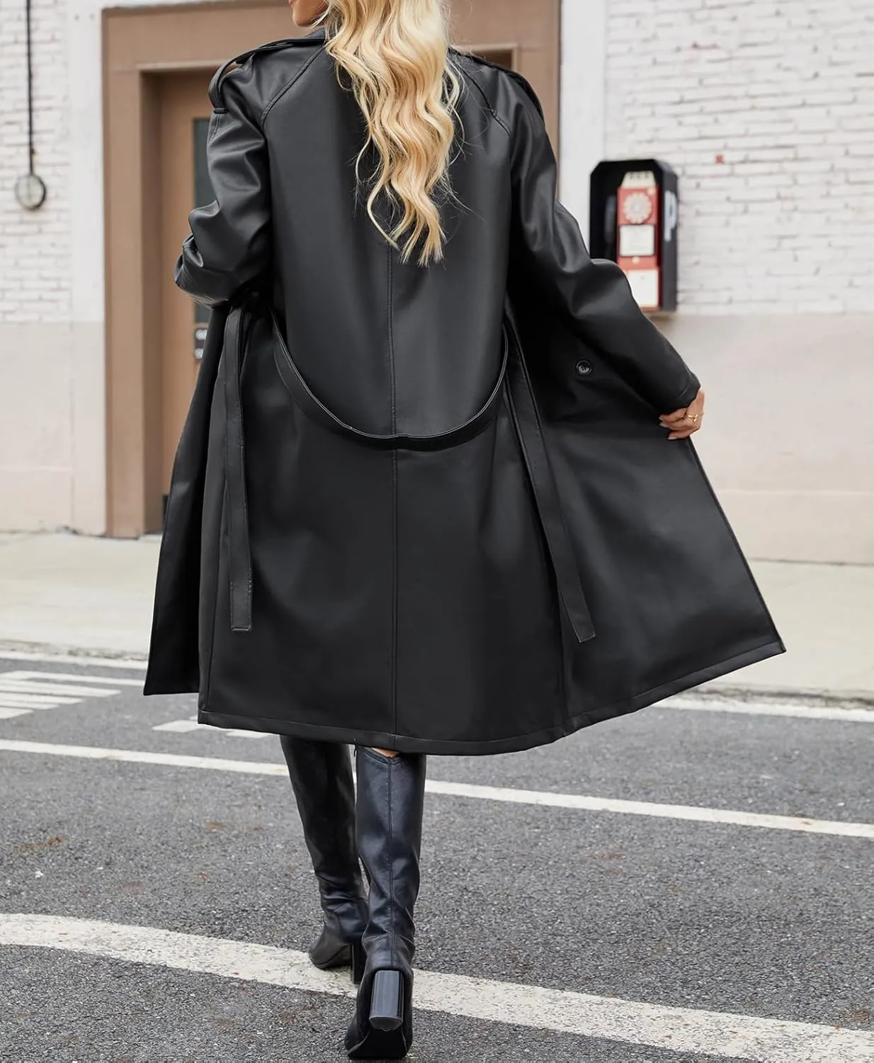 Leather Jacket Women Trench Coat Long Loose Button Lined Jacket Open Front Faux Motorcycle Coat with Belt