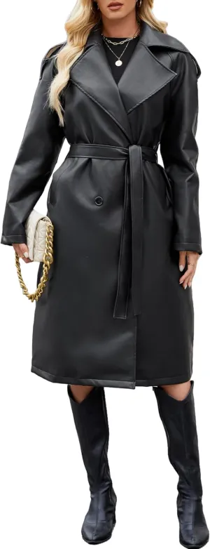 Leather Jacket Women Trench Coat Long Loose Button Lined Jacket Open Front Faux Motorcycle Coat with Belt