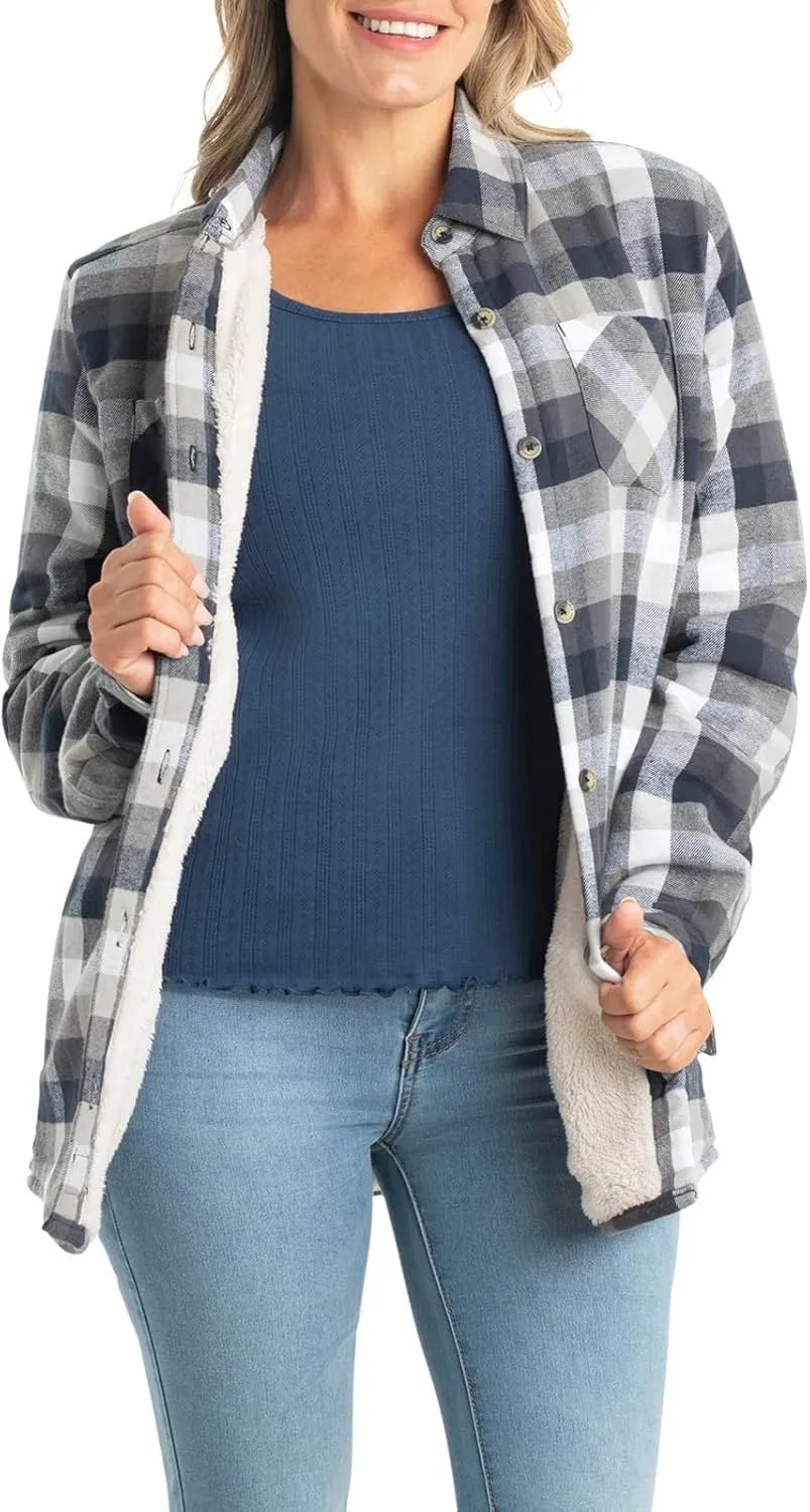 Legendary Whitetails Women's Open Country Flannel Shacket Sherpa Lined Plaid Fleece Shirt Jacket Ladies Western Clothing Coat