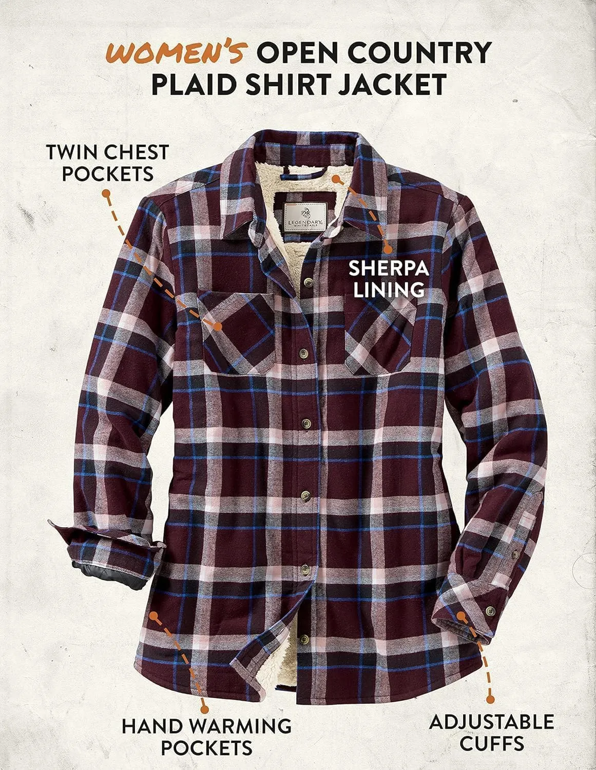 Legendary Whitetails Women's Open Country Flannel Shacket Sherpa Lined Plaid Fleece Shirt Jacket Ladies Western Clothing Coat