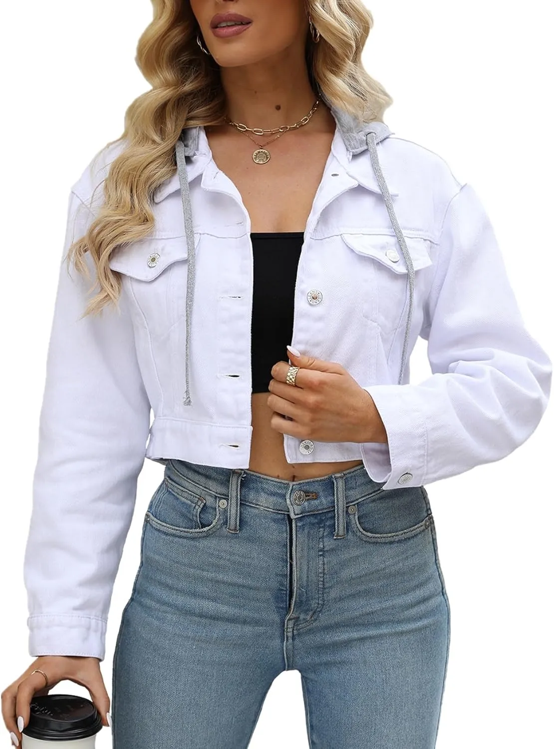 LifeShe Women Croped Denim Jacket Button Down Distressted Jean Jackets with Detachable Hood